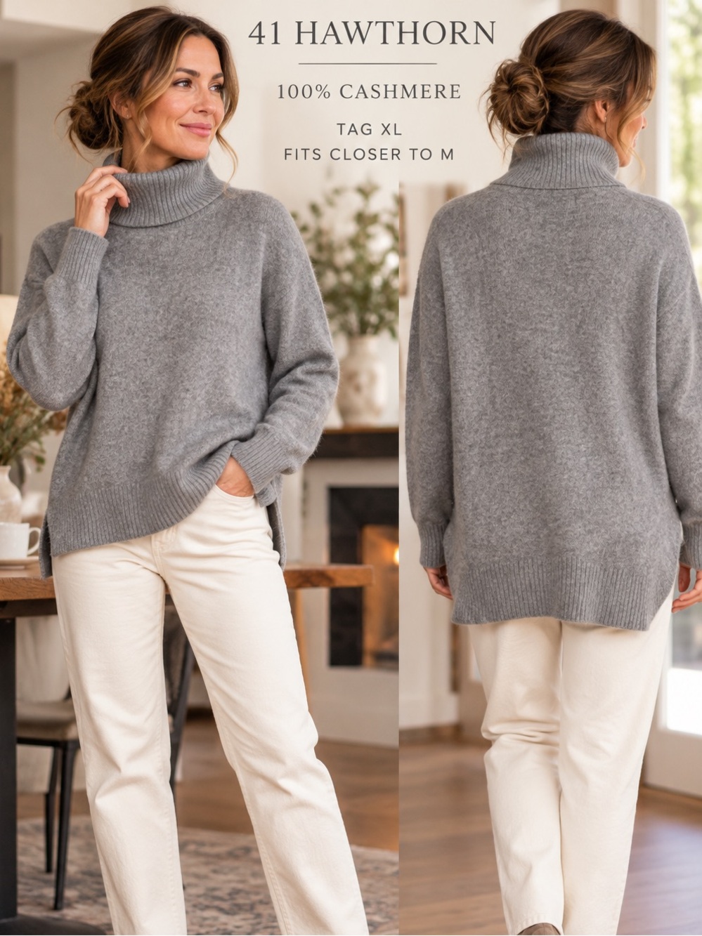 41 Hawthorn Womens XL FITS MEDIUM 100% Cashmere Gray Turtleneck Hi Low Sweater